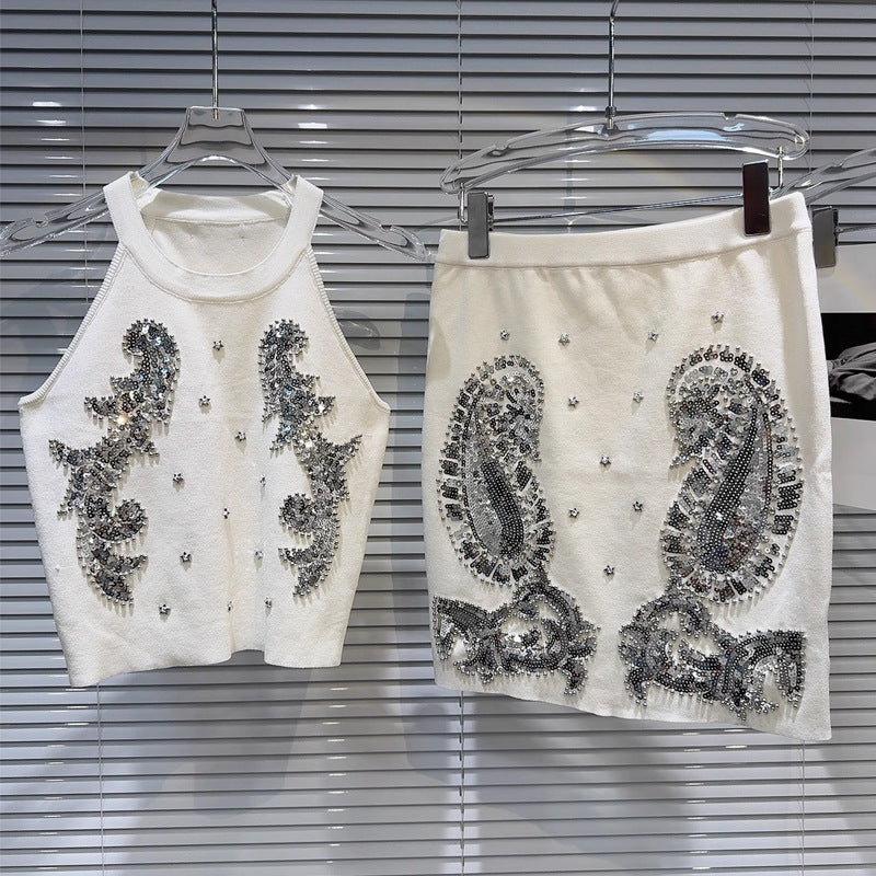 Niche Gaoding Silver Paillette Embroidered Knitted Vest Hip Skirt Suit