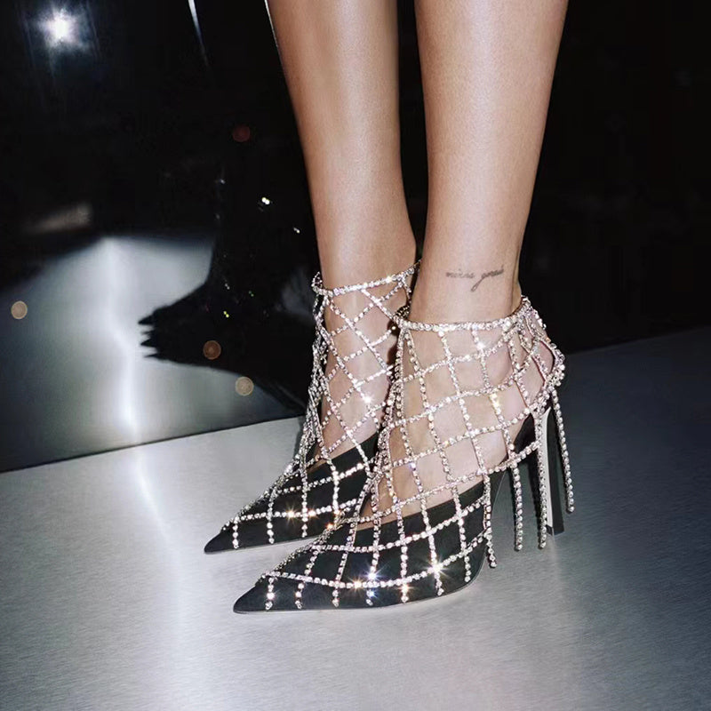 Rhinestone Mesh Pointed Toe High Heels