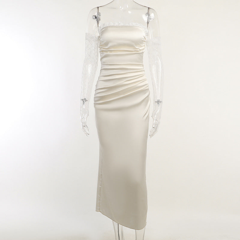 New Long Sleeve Lace Off-shoulder Satin Dress