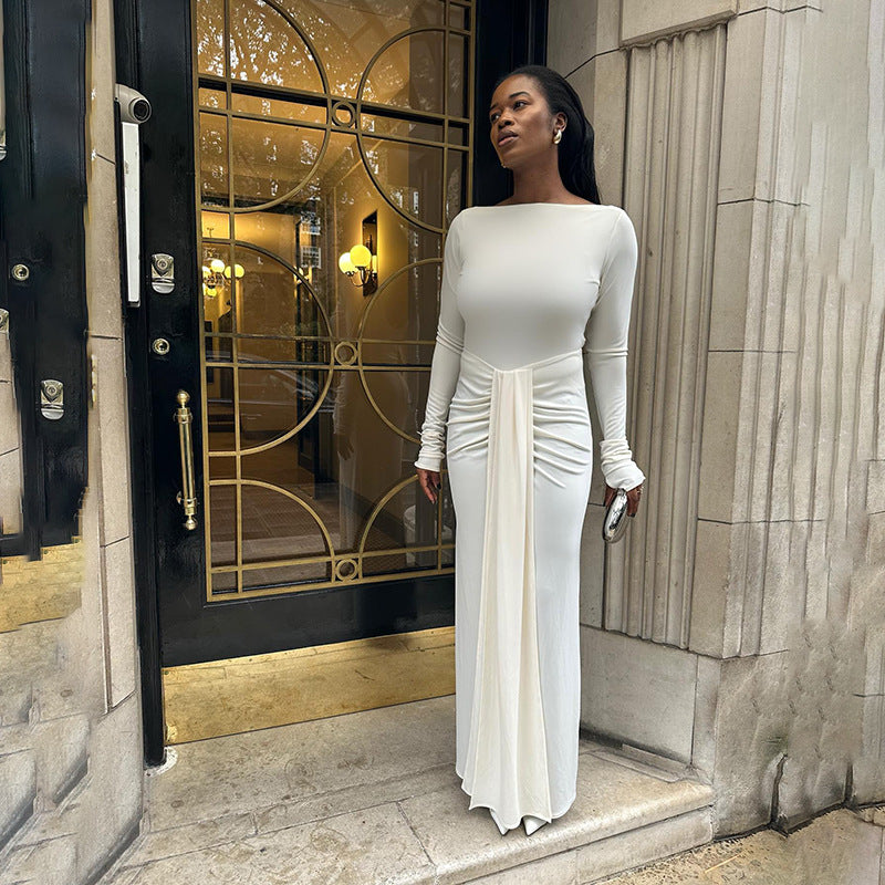 Robe taille haute à manches longues et couleur unie pour l'automne