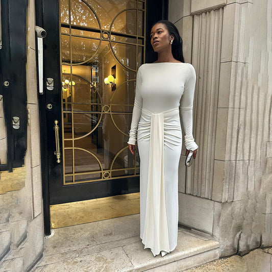 Autumn Solid Color Long Sleeve High Waist Dress