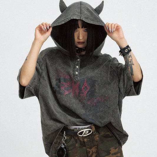 Dark Little Devil Worn Looking Washed-out Hooded T-shirt Black