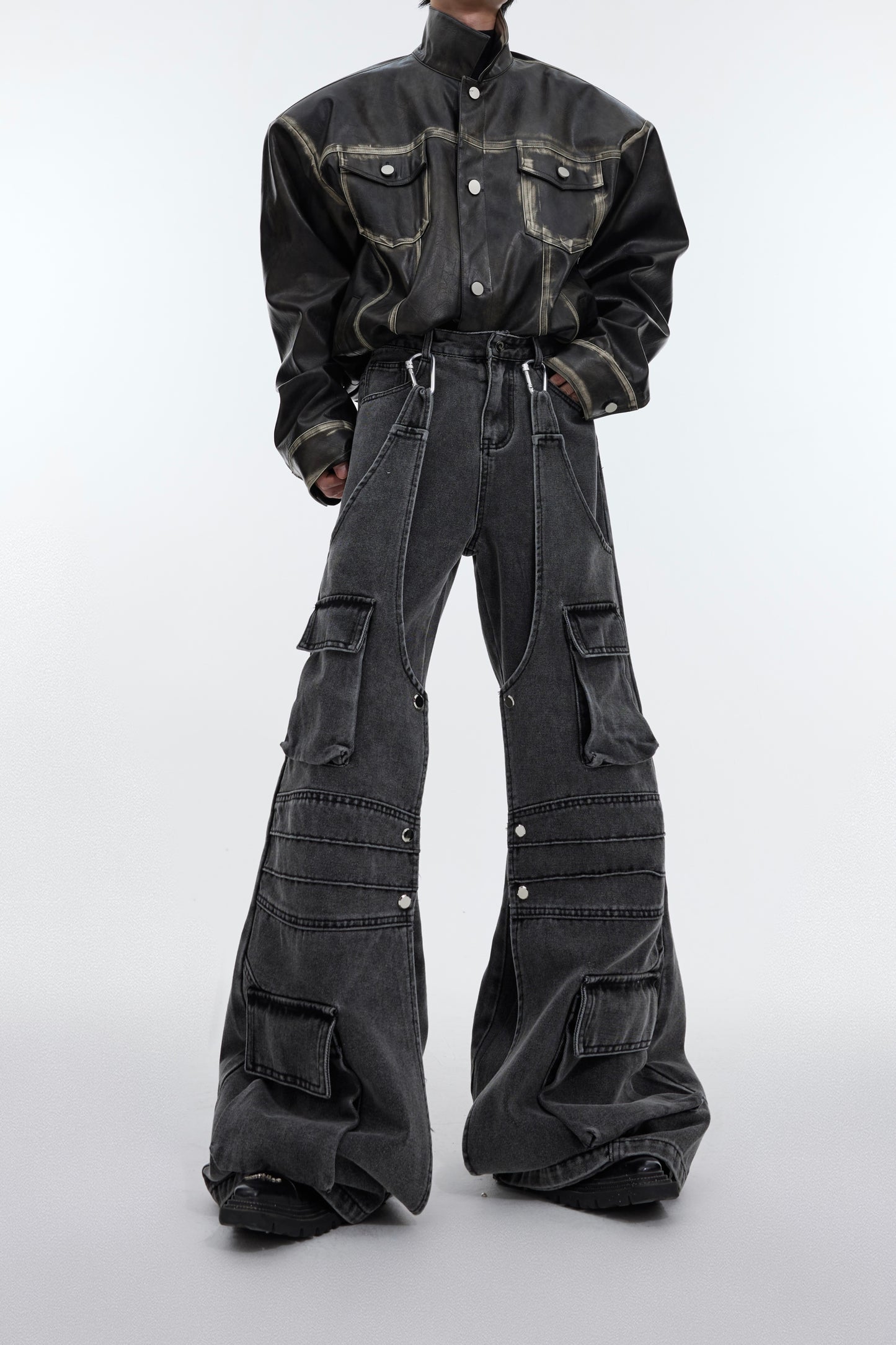 Large Pocket Design Vintage Distressed Loose-fitting Wide-leg Trousers Men