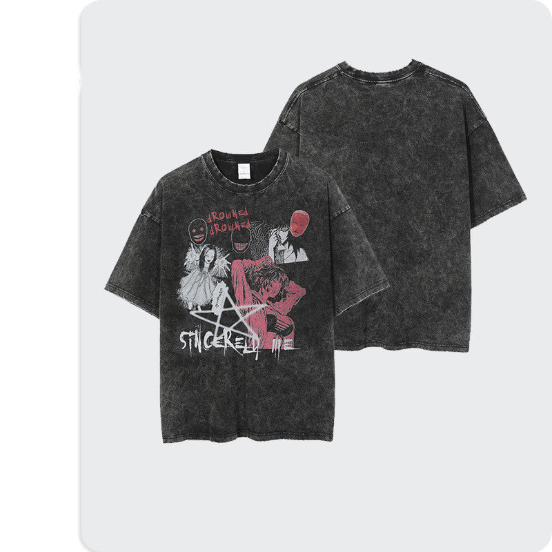 Men's Comic Graffiti Loose Washed Distressed Short Sleeve T-Shirt