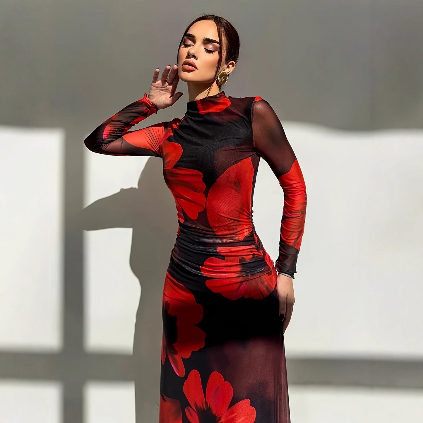Mesh-printed Waist-cinching Figure-flattering Knit Long-sleeve Dress With Lining