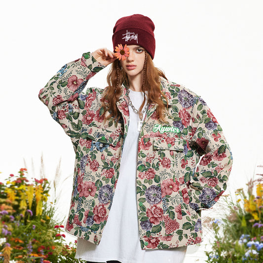 Veste ample à imprimé floral teint en fil, style rétro américain