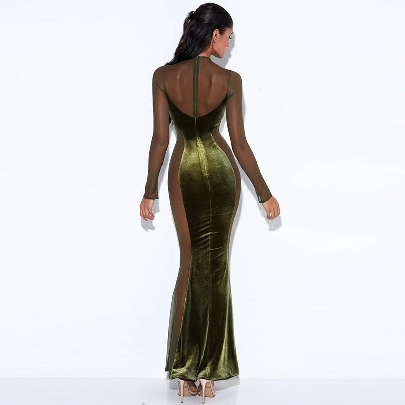 Women's Fashion Velvet Mesh Splicing Long-sleeved Dress