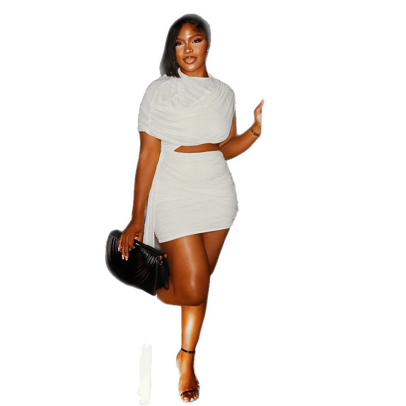 Ensemble jupe courte asymétrique à col rond, couleur unie, deux pièces