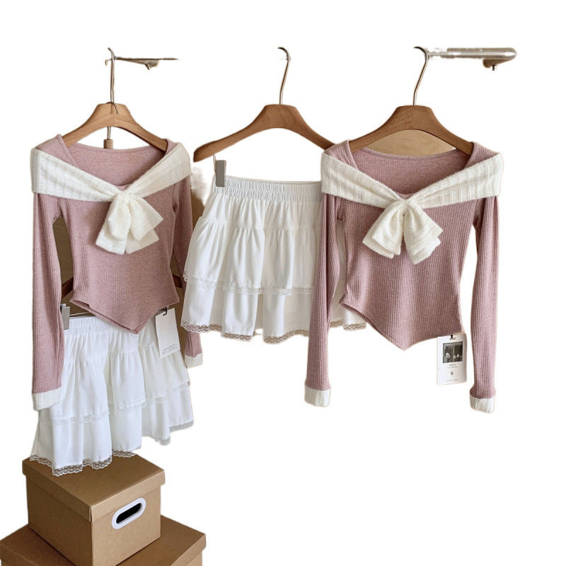 Small Sized Wear A Set Of Fall Slim Fit Slimming Bow Top Female High Waist Tiered Dress