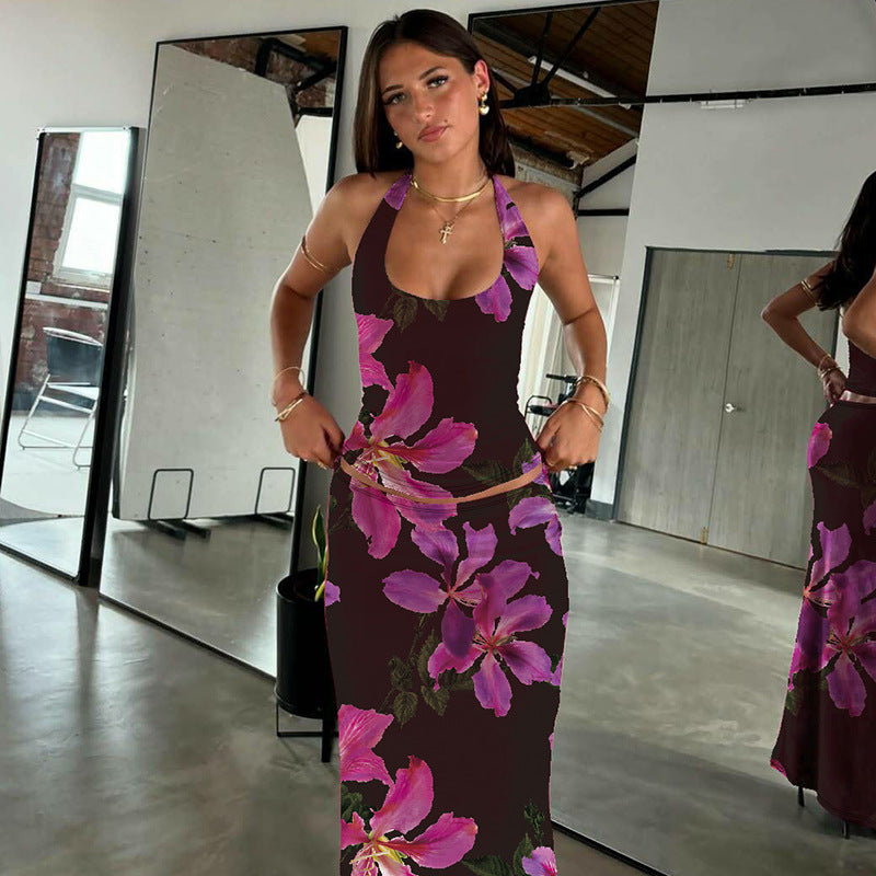 Fashionable Printed Sexy U-Neck Tank Top And Slim-Fit Skirt Set