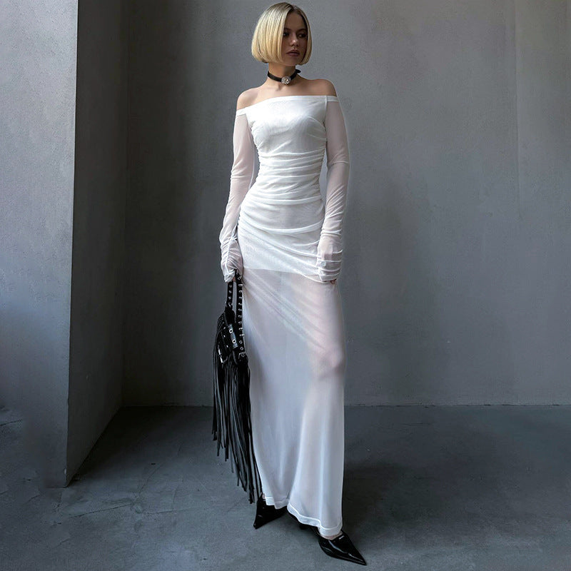 Robe sexy en maille transparente à manches longues et épaules dénudées