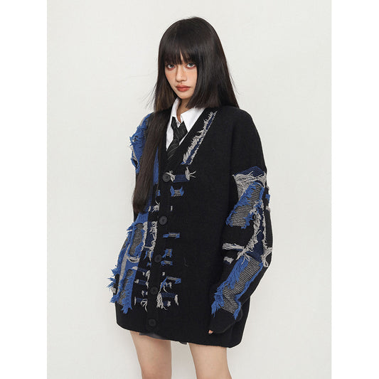 Retro Shabby Stitching Idle Style V-neck Cardigan Sweater