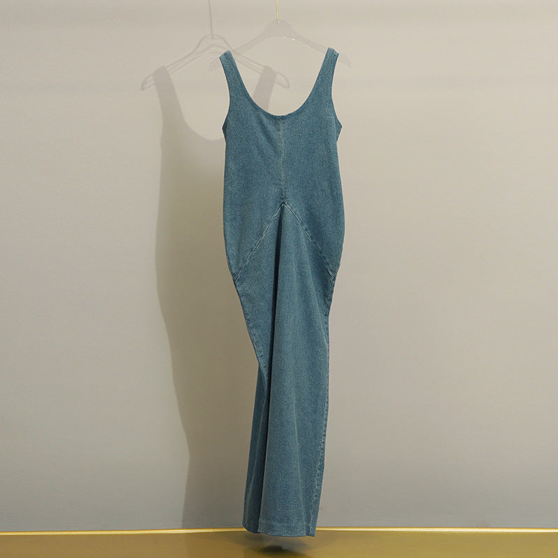 Denim Suspender Dress Slit Waist Shrink Long Skirt