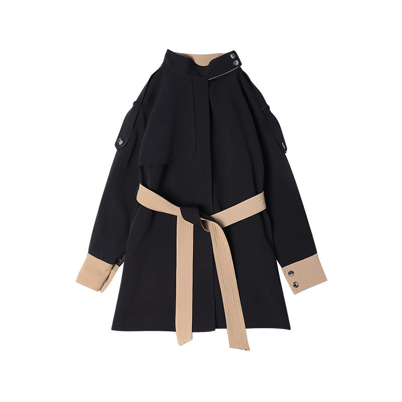 British Fashion Cloak Style Contrast Color Lace-up Coat
