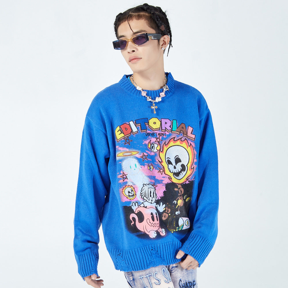 Cartoon Graffiti Printed Sweater Men's Loose Round Neck Sweater