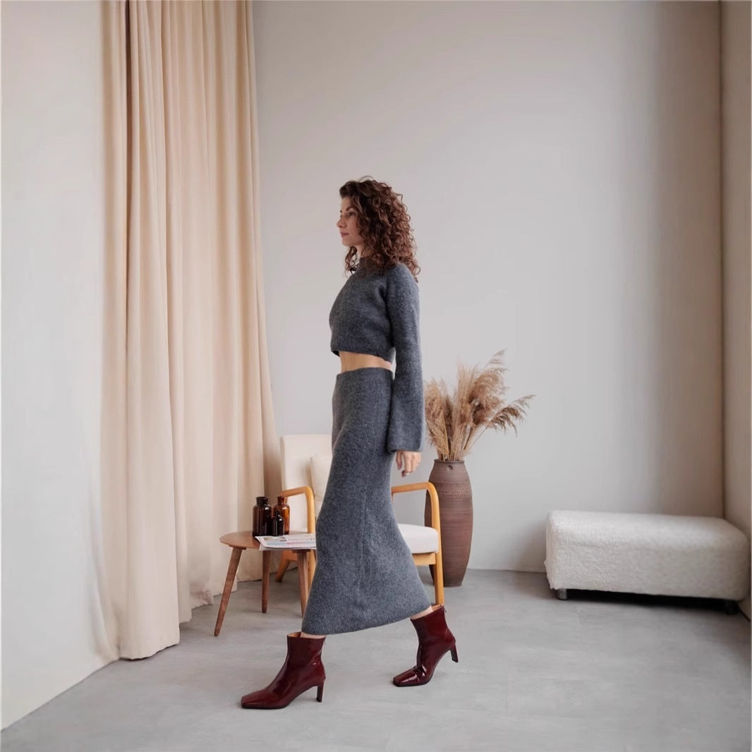 Ensemble pull épaules dénudées haut de gamme pour femme, sac et jupe taille basse