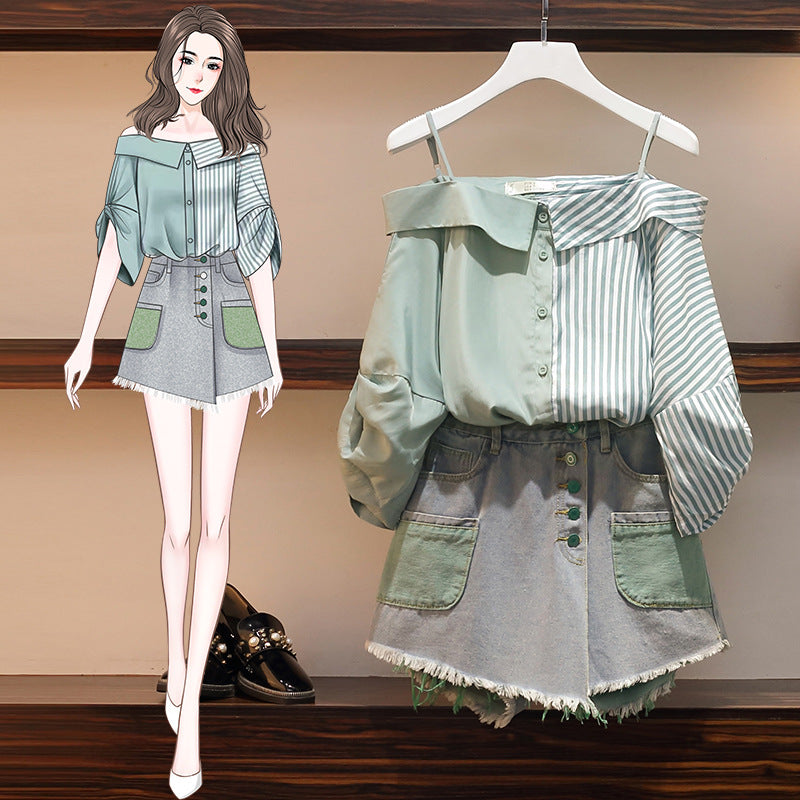 Women's Off-shoulder Short-sleeved Denim Shorts Suit