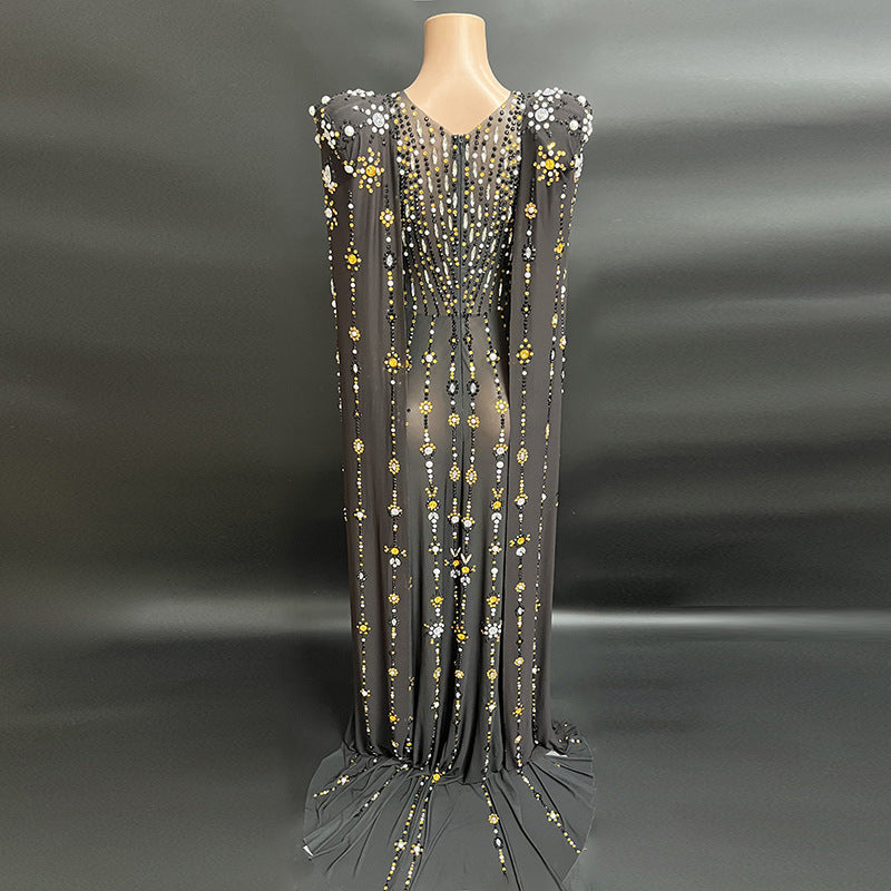 Nouvelle robe à manches longues en diamant brillant noir pour femme, robe de soirée sexy