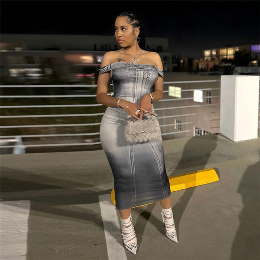 Robe slim taille haute à impression numérique pour femme