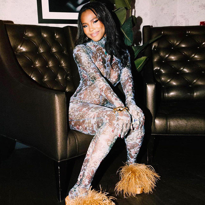 Gloves Sheer Long Sleeve Round Collar Jumpsuit