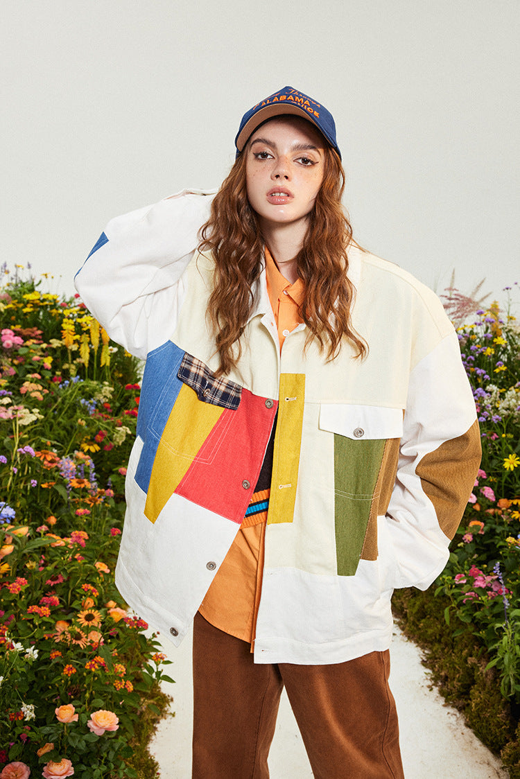 Manteau ample de style américain en patchwork de couleurs contrastées