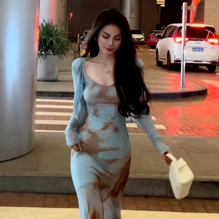 Robe fourreau rétro tie-dye pour femme, fendue et à bretelles