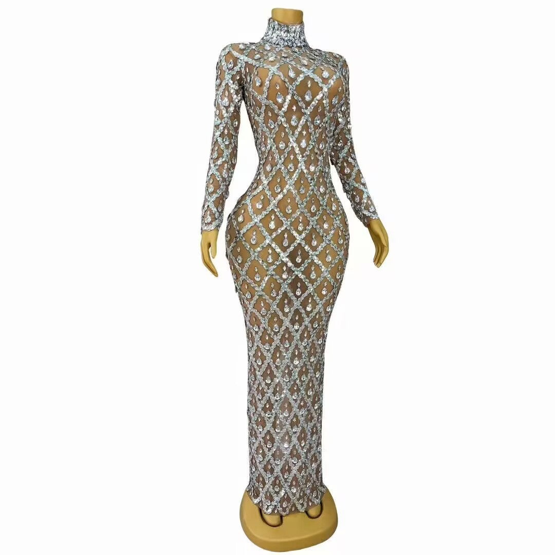 Luxury Beautiful Shining Rhinestone Sexy See-through Mesh Long Dress