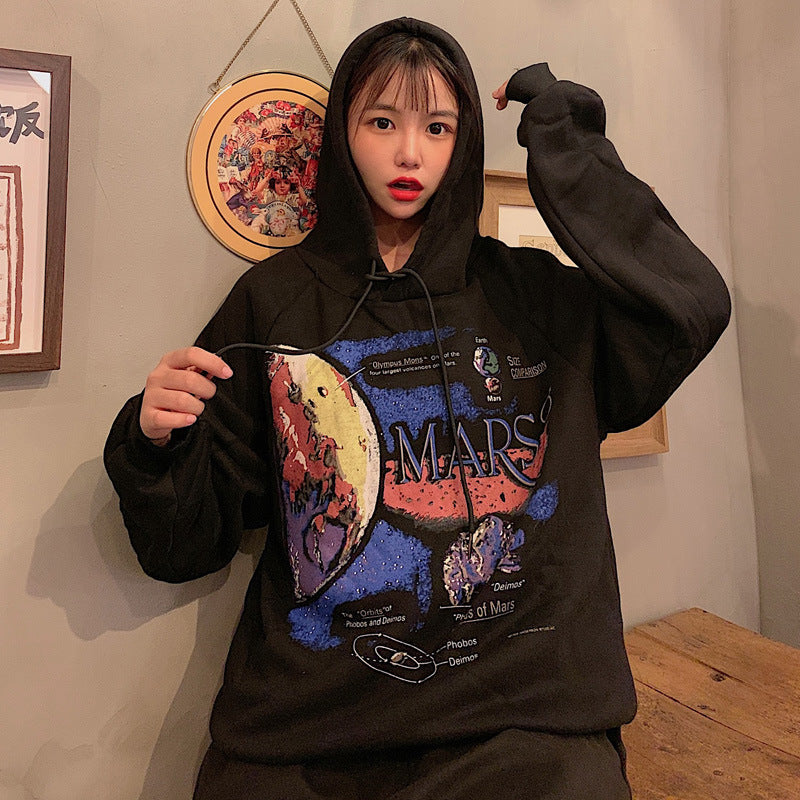 Harajuku Style Loose Print Hooded Thick Coat