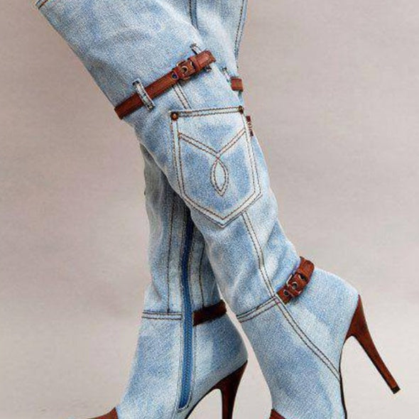 Denim Plus Size Boots Stitching High Heel Knee-high Boots