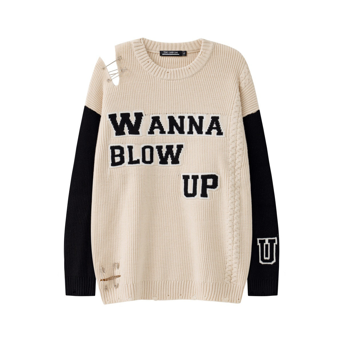 Ripped Pin Embroidered Letter Jacquard Knitted Sweater