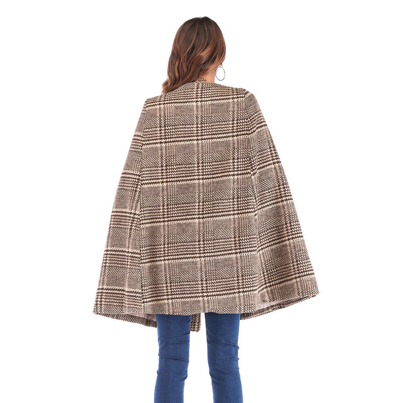 leather button Cape Plaid cape coat