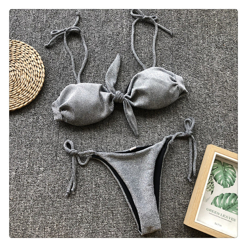 Costume da bagno bikini a tre punti viola brillante con fasciatura