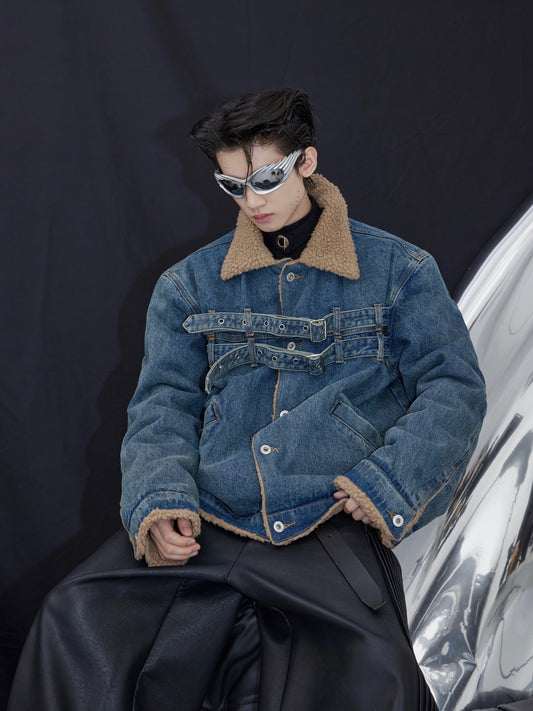 Veste en jean vintage effet lavé, patchwork, en cachemire et cache-manger de mouton