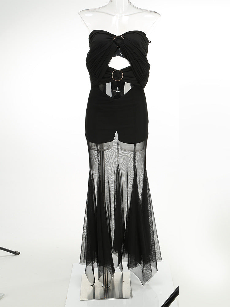 Robe plissée unie à col montant et manches longues transparentes en maille, col dénudée