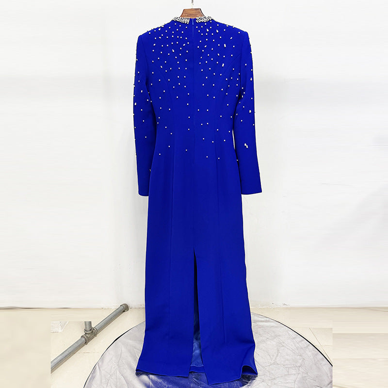 Fashionable Heavily Embellished Beaded Long Dress With A Slit Sleeve And Square Neckline
