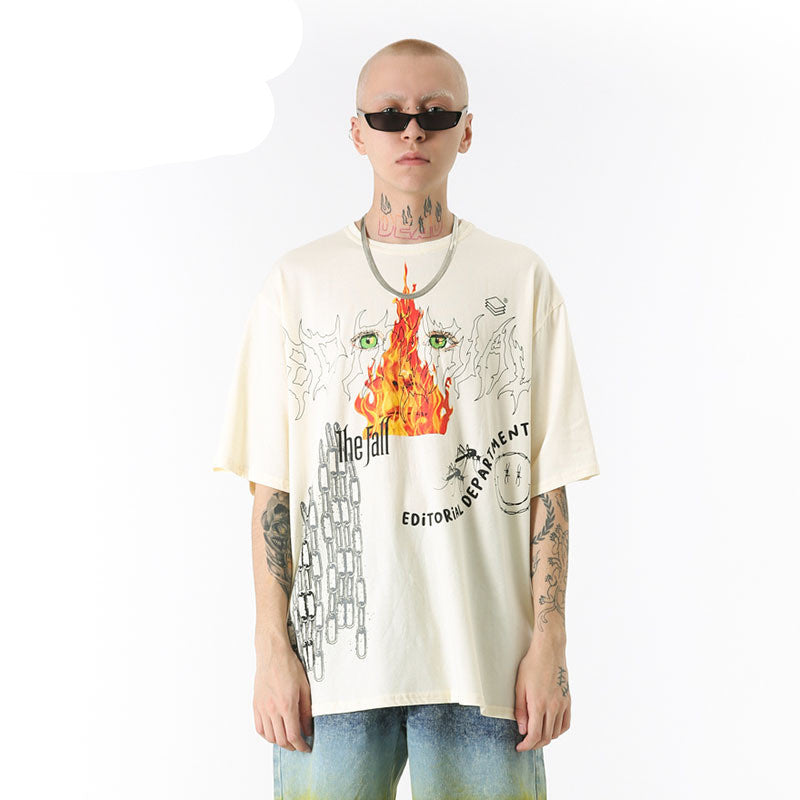 Flame Graffiti Print Loose T-Shirt