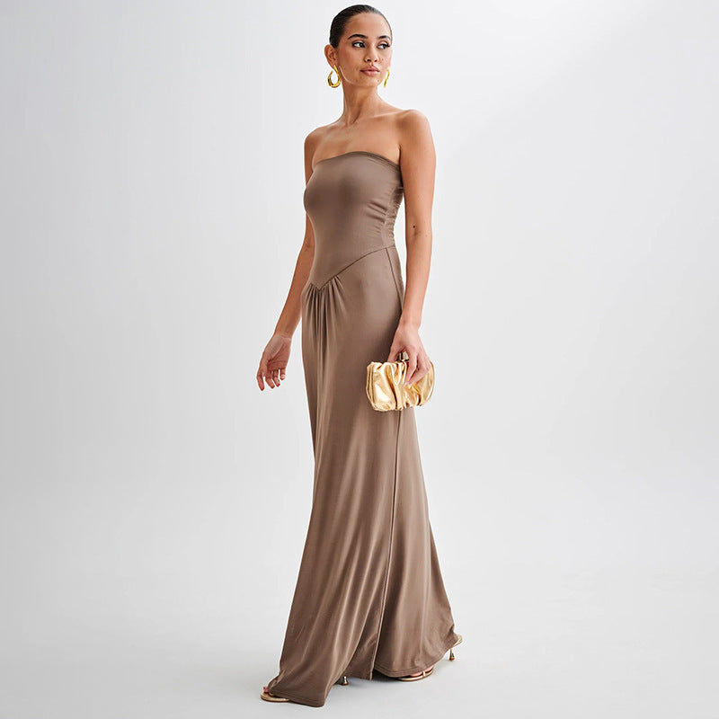 Robe longue plissée taille haute couleur unie