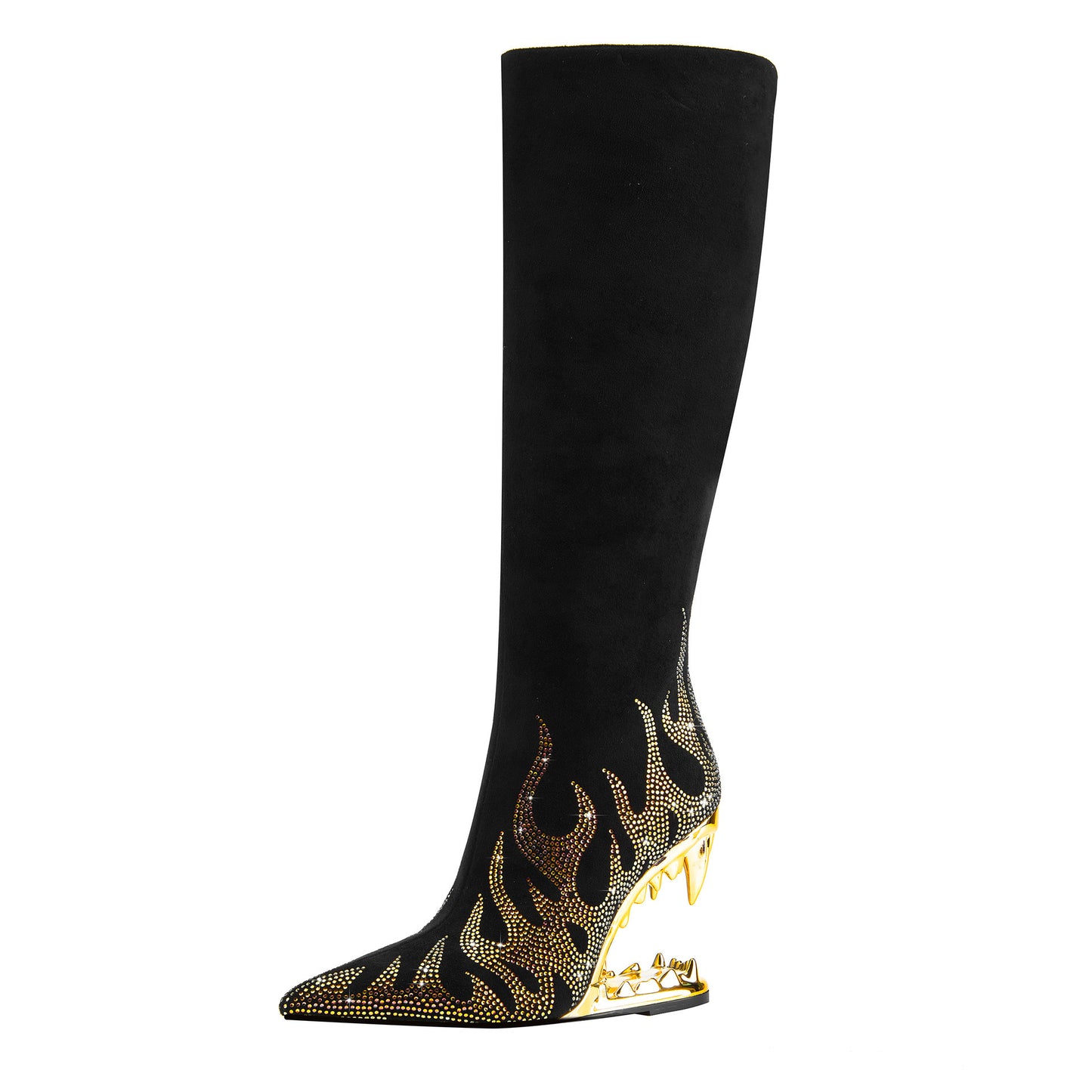Bottes extensibles à talon profilé style dents de tigre avec strass et flamme