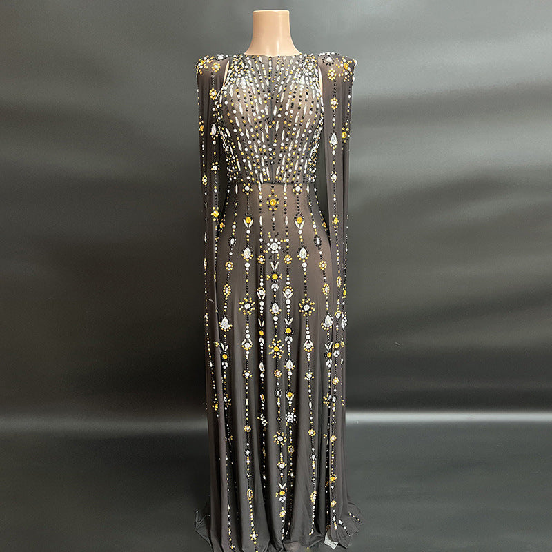 Nouvelle robe à manches longues en diamant brillant noir pour femme, robe de soirée sexy
