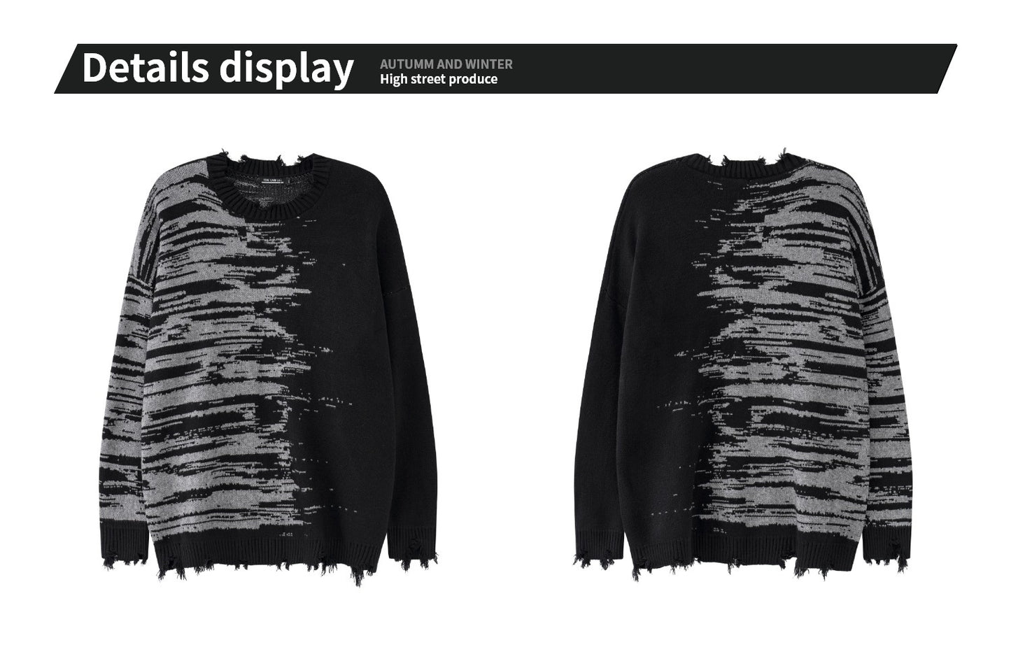 Zebra Pattern Color Matching Ripped Tassel Loose Round Neck Knitted Sweater