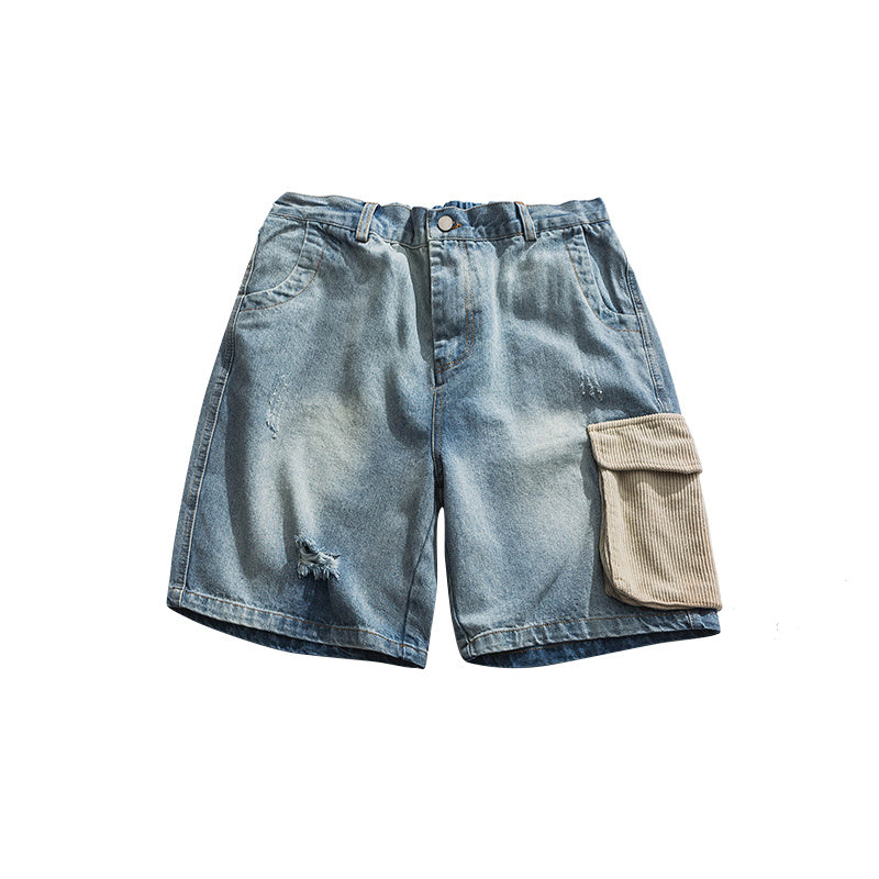 Distressed stitching loose denim shorts