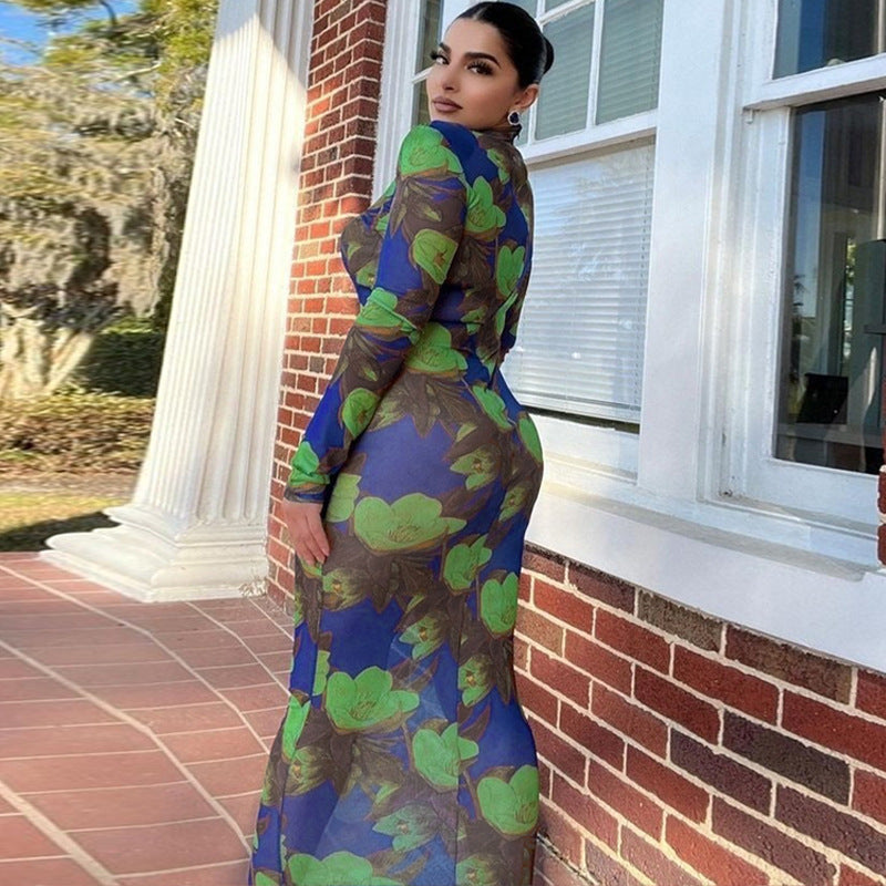 Nouvelle robe à manches longues en maille à imprimé floral