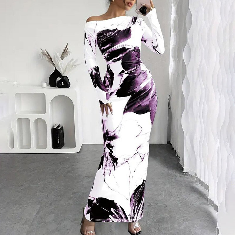 Elegant Off-Shoulder Tie-Dye Floral Bodycon Dress Stretchy Season Party & Casual Dress