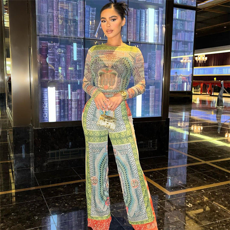 Haut imprimé à manches longues, taille haute et coupe slim pour femme