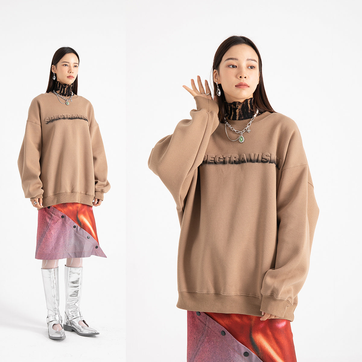 Three-Dimensional Embossed Gradient Print Round Neck And Velvet Pullover Sweater