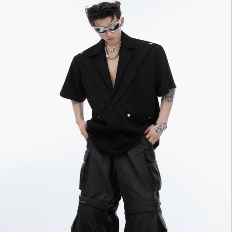 V-neck Short-sleeved Shirt Metal Embellished Loose Top