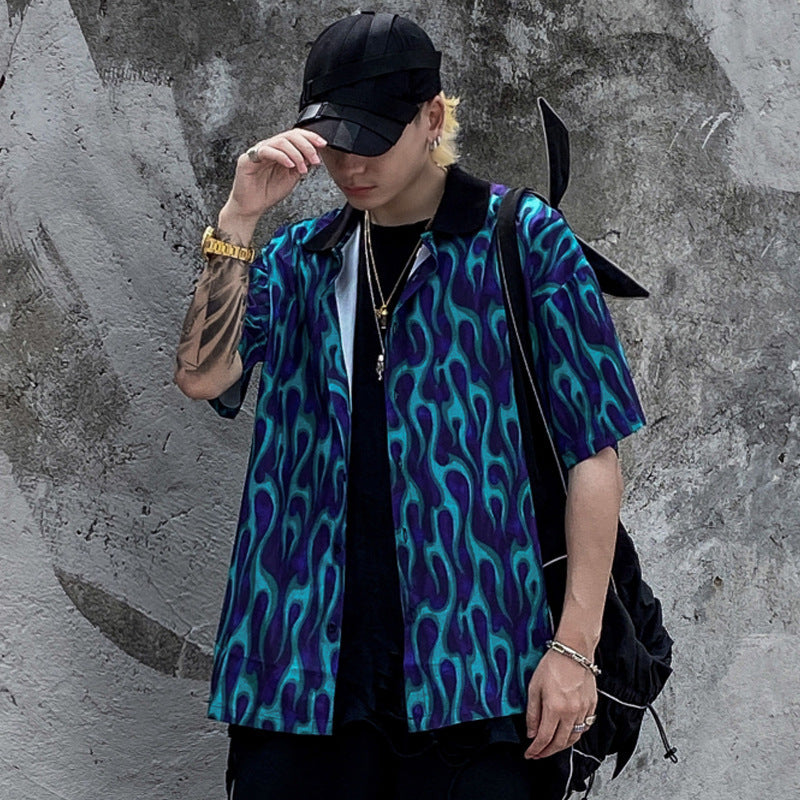 Flame Full Print Lapel Short Sleeve Shirt