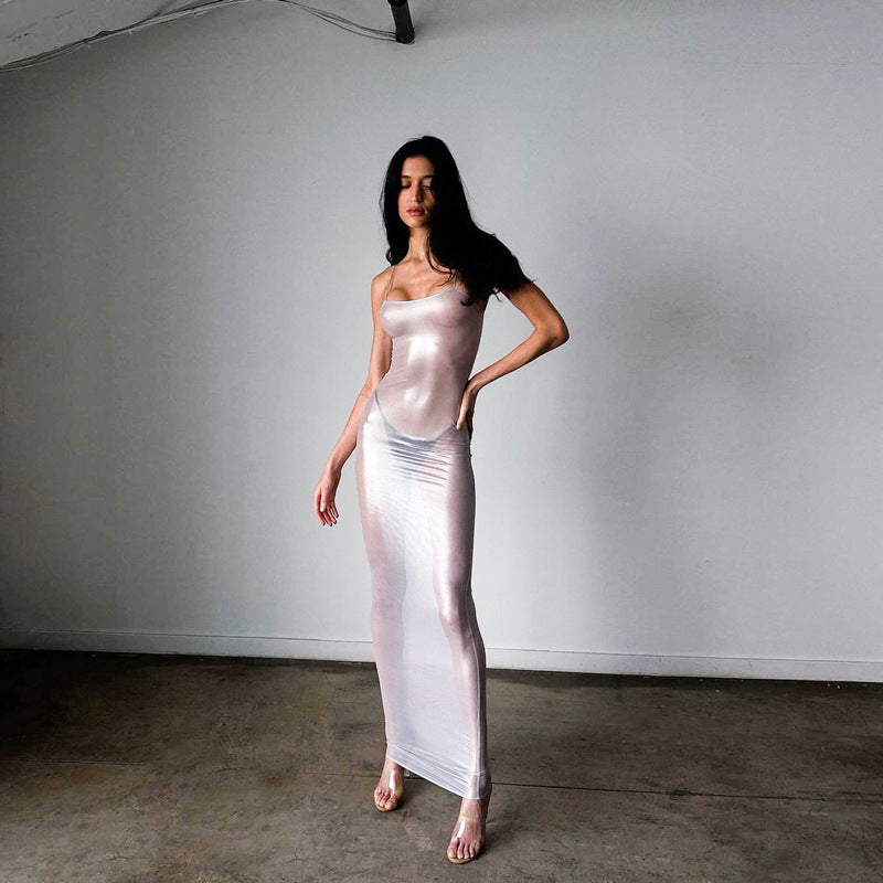 Spaghetti Straps Sleeveless See-through Long High Waist Dress