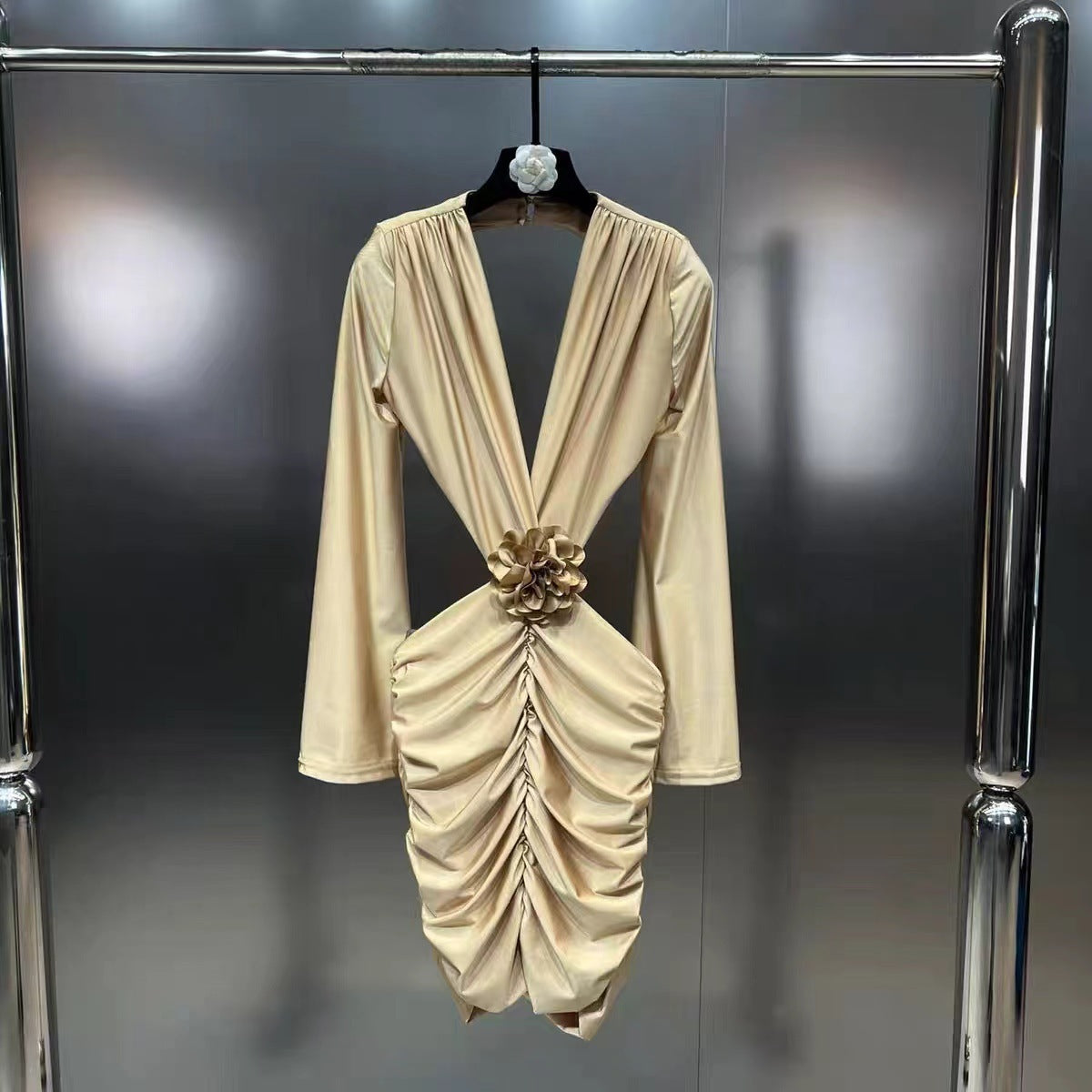 Fashion Deep V-neck Padded Shoulder Long Sleeve Waist Hollow Dress