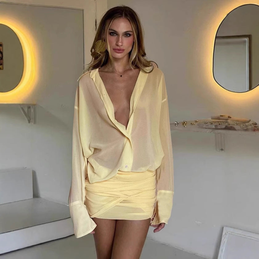 Spring New Elegant Sexy Lapel Slim-fit Sheath Lace-up Shirt Dress